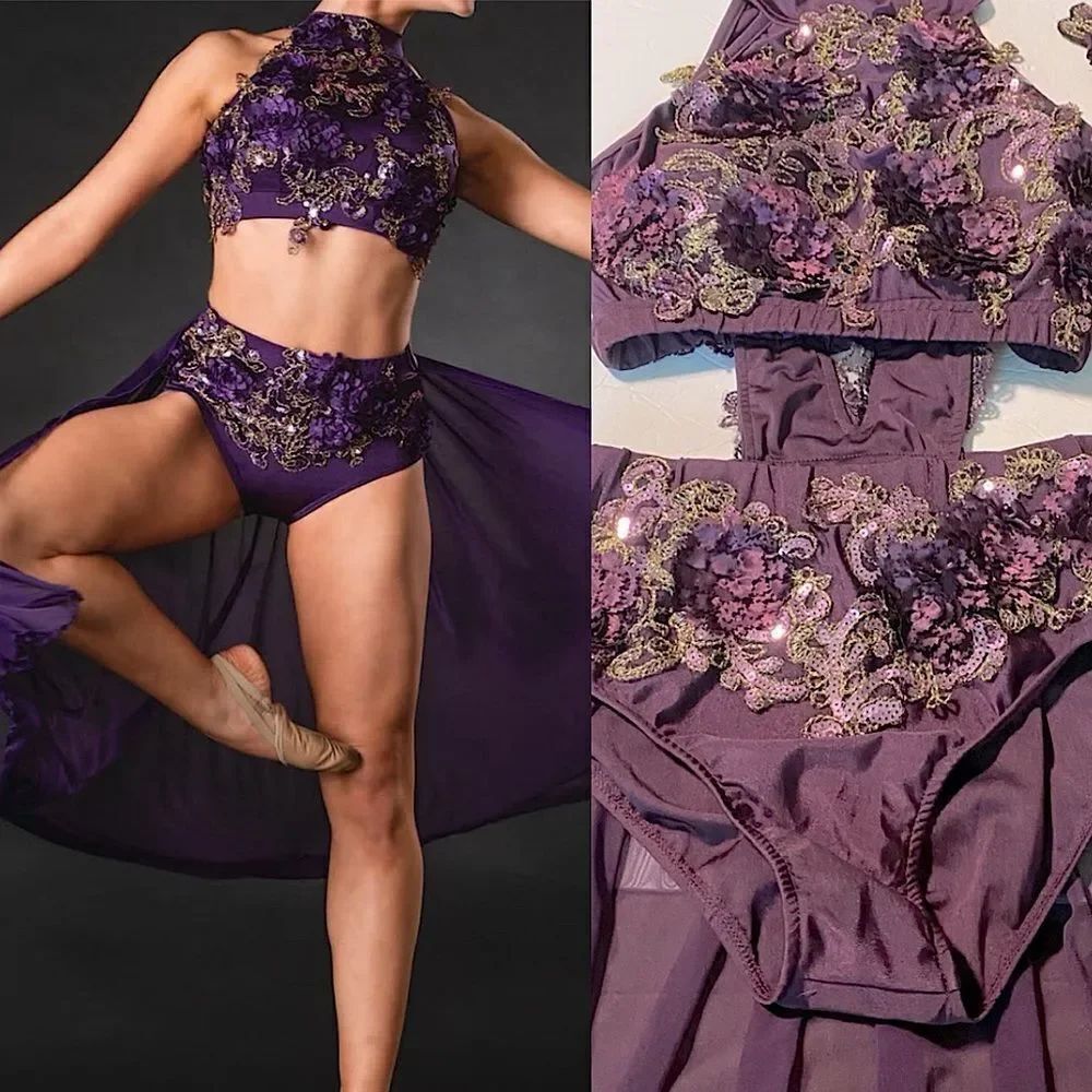 Glamour solo dance costume custom purple lace embroidered MA-Medium adult